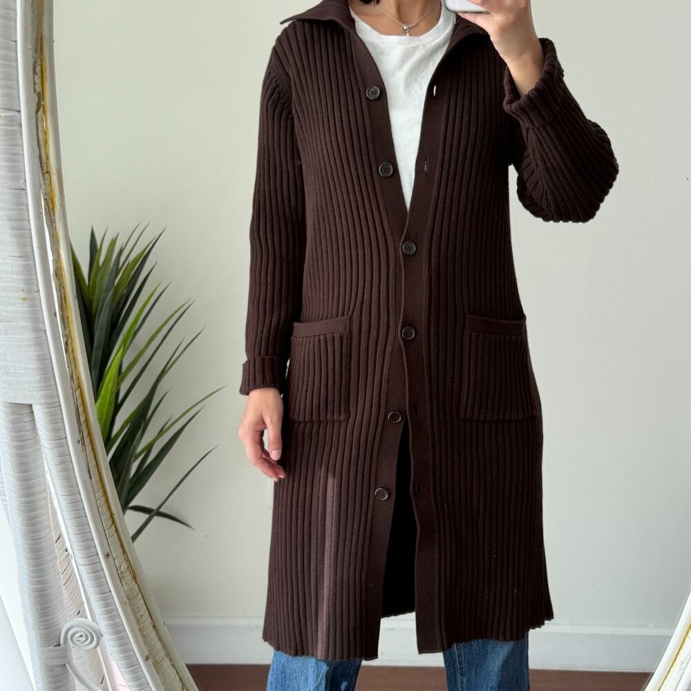 Vintage Jones New York Long Cardigan Sweater Womens Medium Brown Rib Knit Cotton